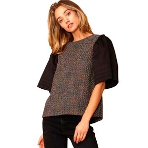 Nurode Pleated Sleeve Black Ribbon Top. Medium.